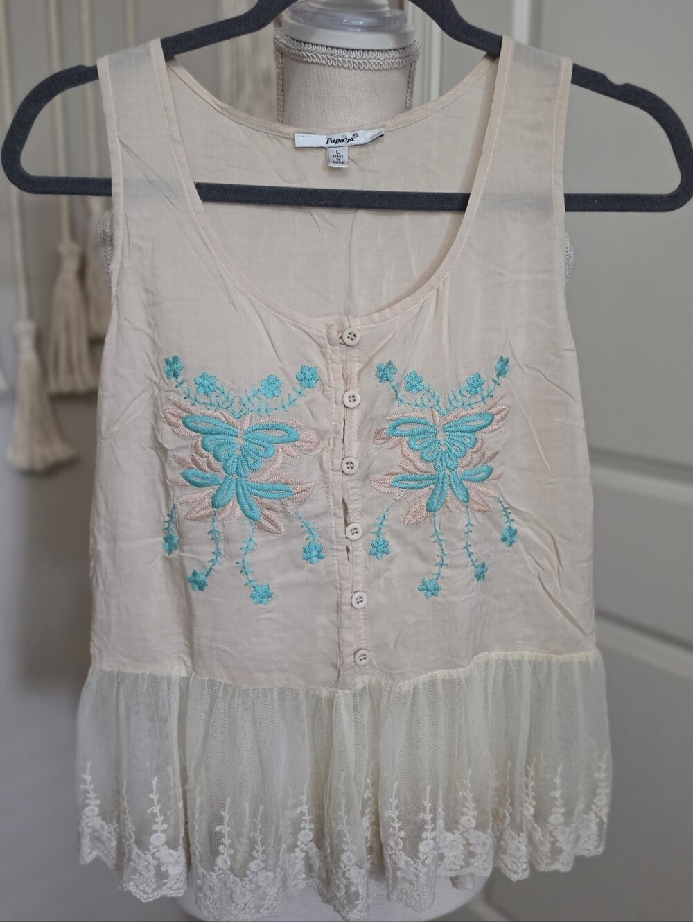 Papaya Cream Tank with Turquoise Floral Embroidery and Lace Hem